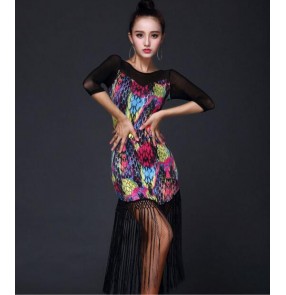Black leopard floral patchwork long fringes tassels mesh sleeves competition performance professional ballroom latin dance dresses outfits